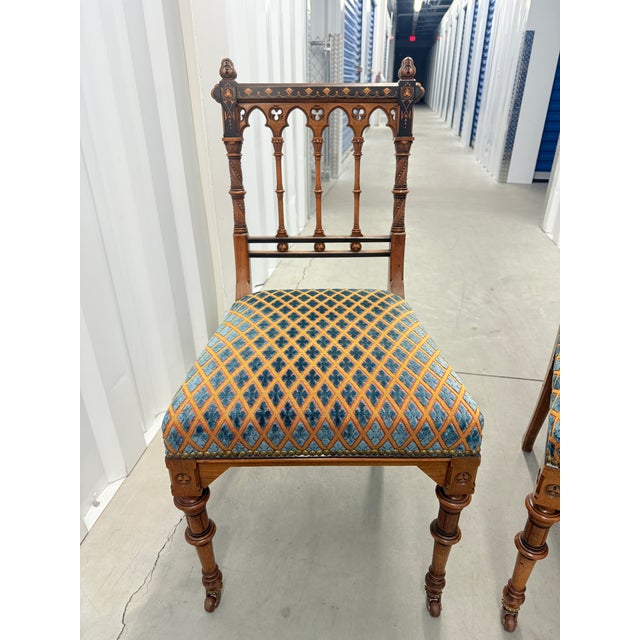 Late 19th Century Pair of Gothic Revival Inlaid & Fine Cut Velvet Side Chairs, English, C. 1870 For Sale - Image 5 of 10