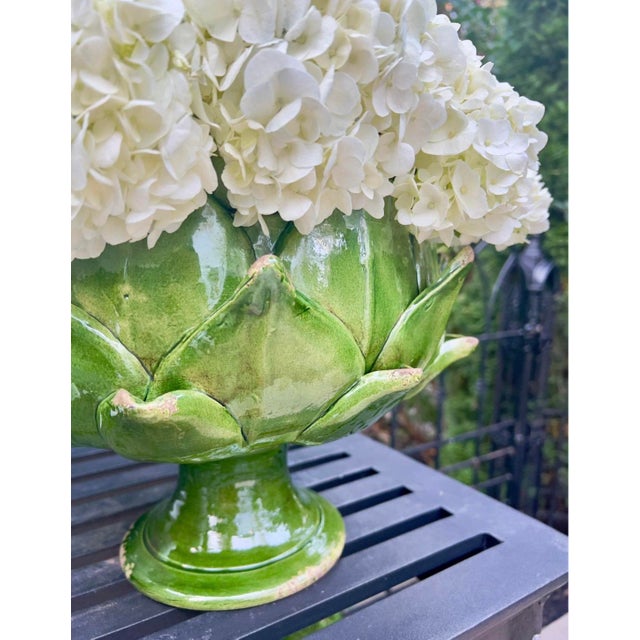 Rustic European Sculptural Emerald Green Artichoke Pedestal Bowl, Hand Made Tuscany, Italy For Sale - Image 3 of 12