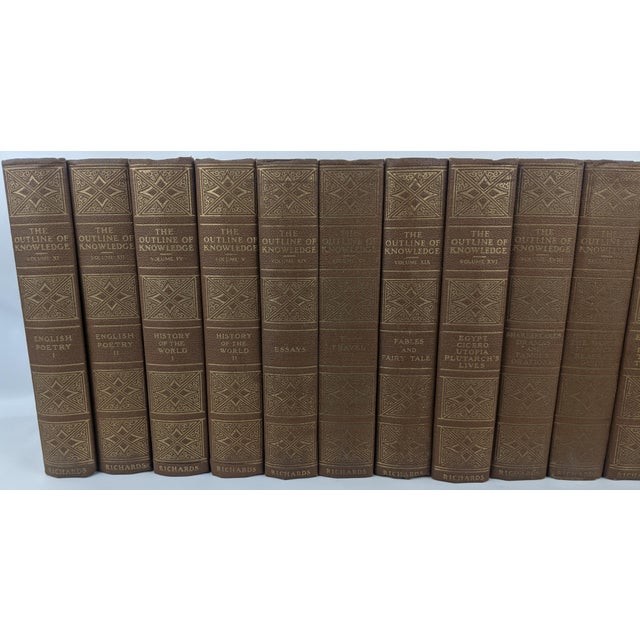Traditional 1924 the Outline of Knowledge 19-Volume Brown & Gold Gilt Decorative Book Set For Sale - Image 3 of 15