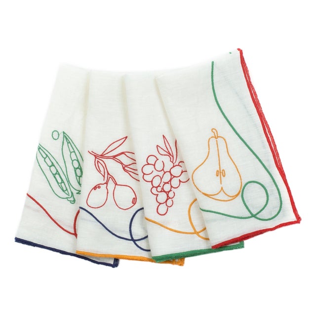 Fête Fruit & Vegetables Embroidered Linen Napkins, Set of 4 For Sale