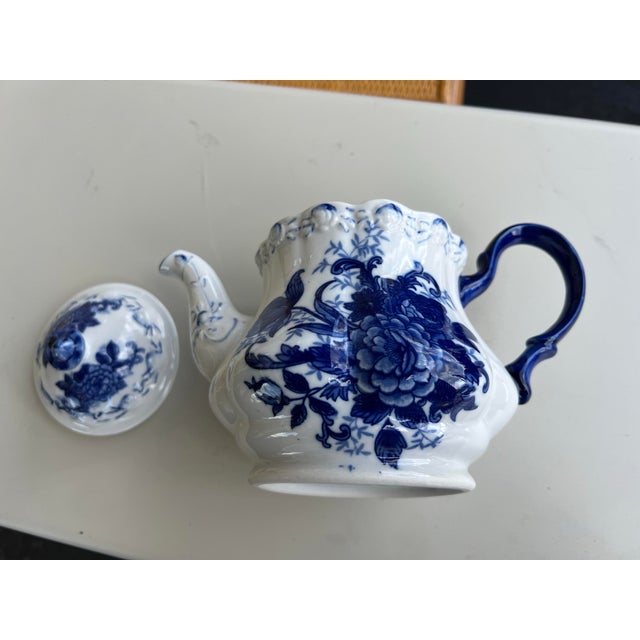 Shabby Chic Vintage Ceramic Floral Blue & White Tea Pot For Sale - Image 3 of 10