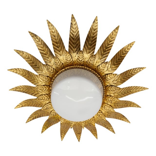 Mid-Century Modern Sunburst Ceiling Lamp in Metal and Milk Glass, Italy, 1960 For Sale
