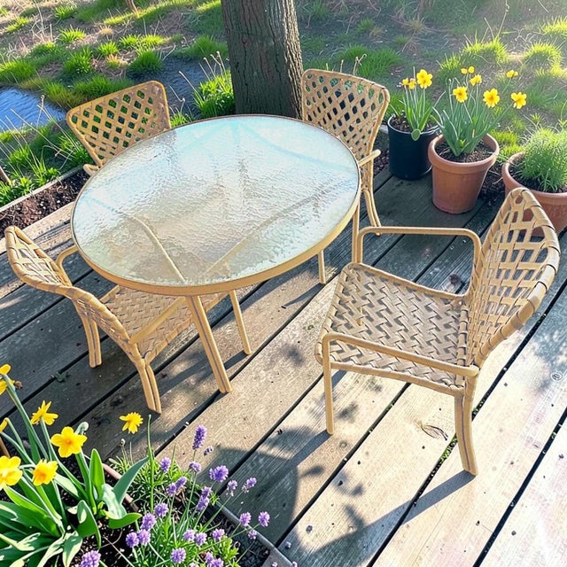 1970s Vintage 1970s Brown Jordan Taupe Tamiami Outdoor Aluminum and Vinyl Dining Set - 5 Piece For Sale - Image 5 of 8