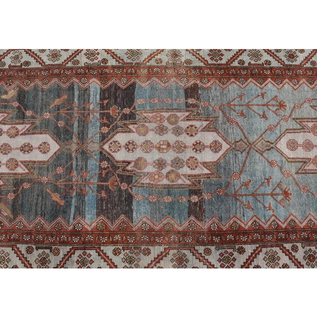 Textile Antique Geometric Persian Malayer Gallery Runner in Gray, Blue, Light Tera-Cotta and Cream For Sale - Image 7 of 13