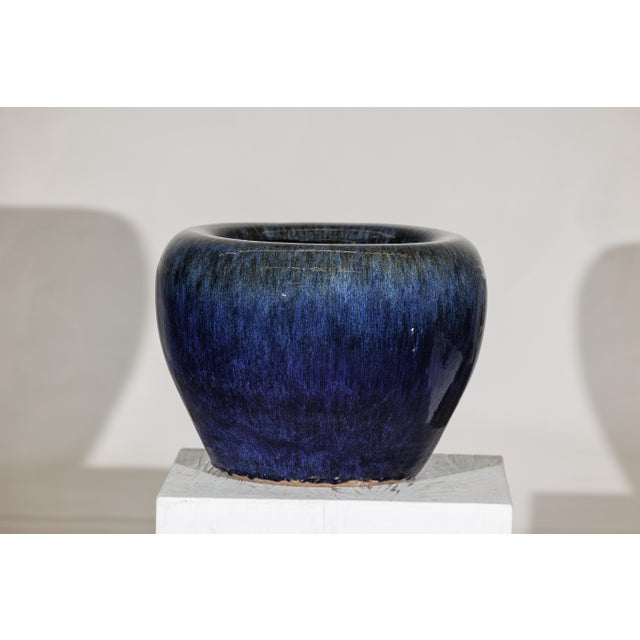 Vintage Chinese Blue-Glazed Ceramic Planter with Rounded Form and Brown Accents For Sale - Image 17 of 18