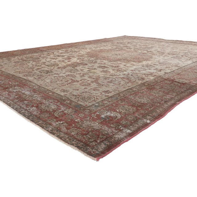 78585 Distressed Vintage Persian Tabriz Rug, 08'05 x 12'01. Rustic elegance meets unpretentious and simple in this...