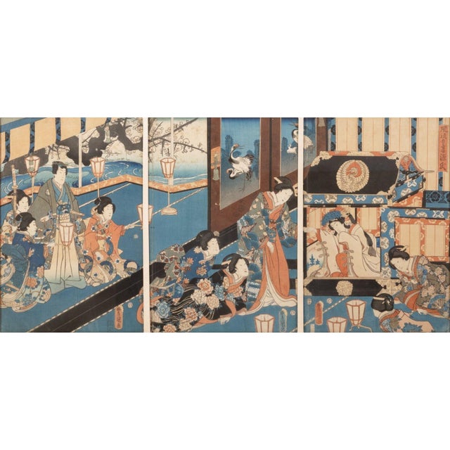 A captivating and finely detailed original ukiyo-e woodblock print triptych by Utagawa Kunisada (1786-1865), one of the...