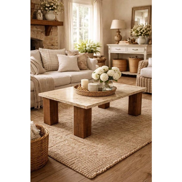 Mid-Century Modern French Travertine & Oak Coffee Table, 1960s For Sale - Image 3 of 11