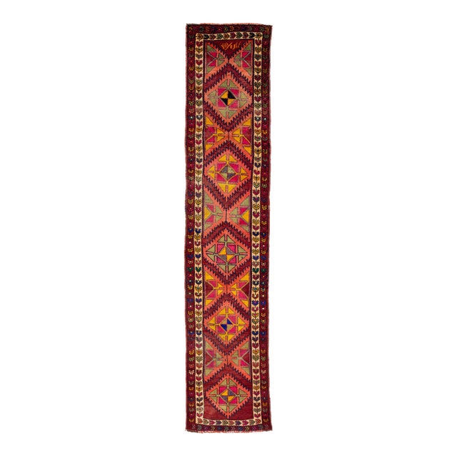 Vintage Persian Hamadan Runner – Geometric Tribal Wool Rug 3x14 For Sale