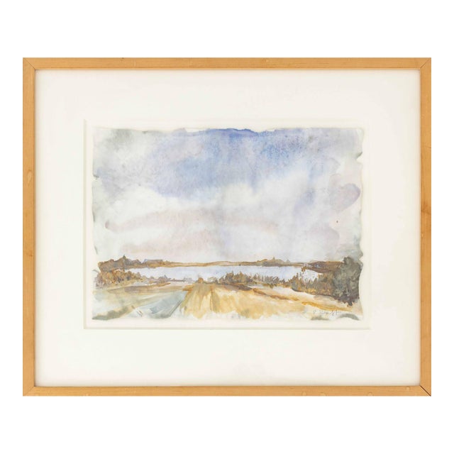 Illegibly Signed River Landscape Watercolor For Sale