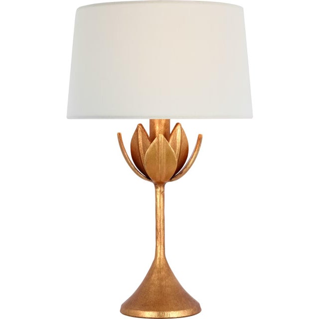 Transitional Julie Neill by Visual Comfort Signature Alberto 17" Cordless Accent Lamp in Antique Gold Leaf with Linen Shade For Sale - Image 3 of 3