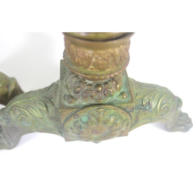 Antique Bronze Andirons With Ornate Finials Paw Feet and Verdigris Patina, a Pair For Sale - Image 16 of 18