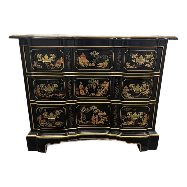 Chippendale Habersham Chinoiserie Decorated Ebonaized Block Front Chest 20th C For Sale