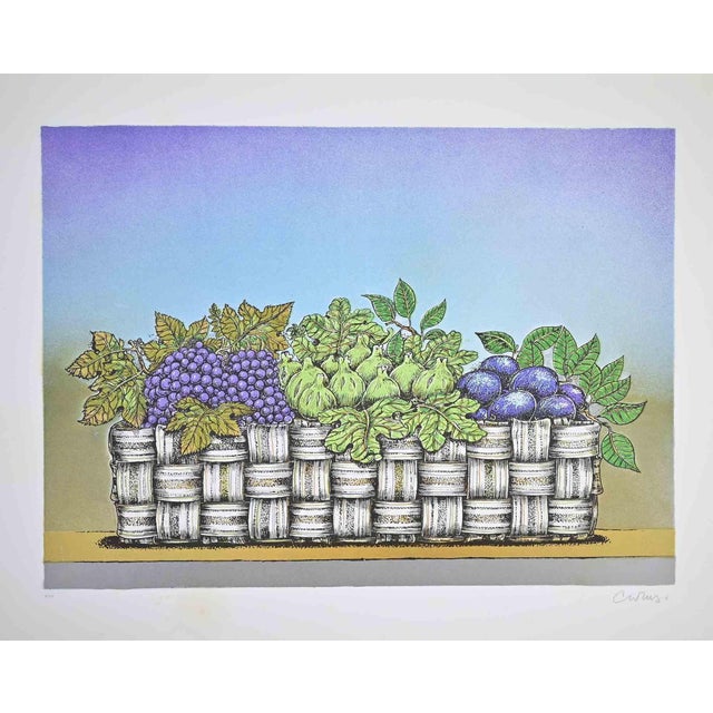 Bruno Caruso, Still Life with Basket of Fruit, Lithograph, 1980s For Sale