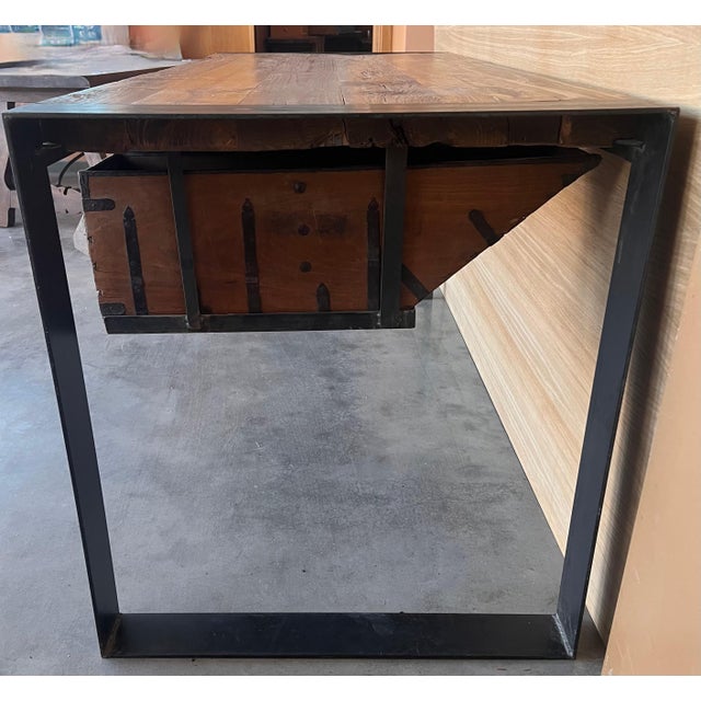 Industrial Mid 20th Century Oak Kitchen Island, Butcher Block, Industrial Work Table Cast Iron For Sale - Image 3 of 18