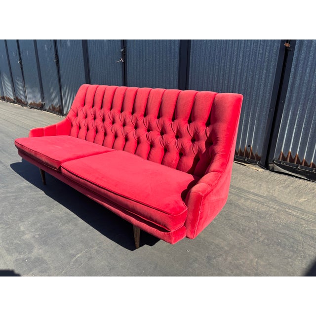 Mid Century Modern Tufted Red Velvet Sofas- a Pair For Sale - Image 6 of 12