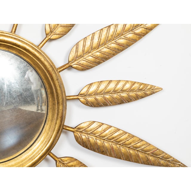 Metal Midcentury French Sunburst Wall Mirror with Leafy Décor and Convex Plate For Sale - Image 7 of 8
