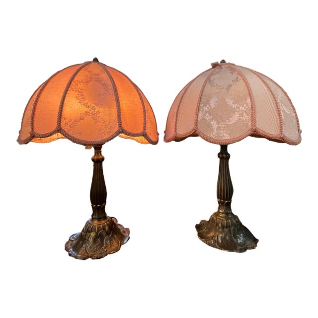 Vintage Boudoir Table Lamp With Pink Fabric Shade For Sale