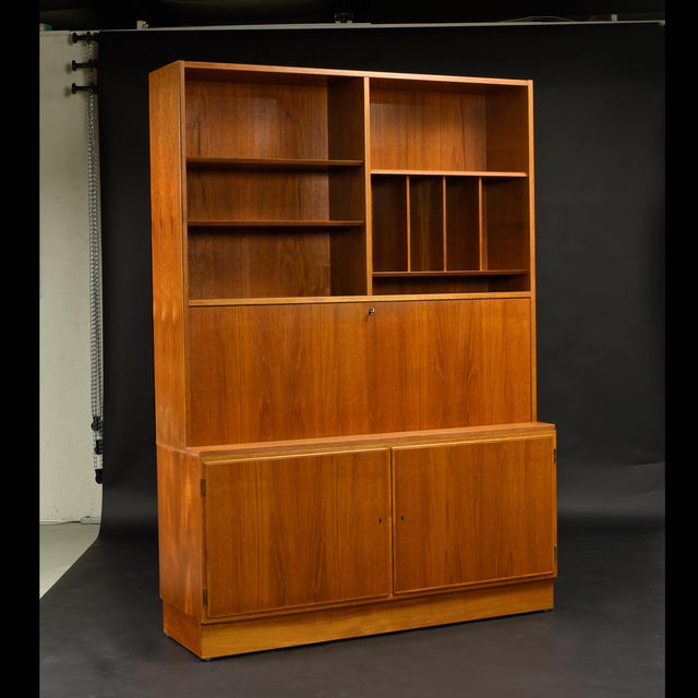 Mid-Century Modern Poul Hundevad Teak Two-Piece Cabinet, Bookcase & Drop-Front Secretary, Denmark For Sale - Image 3 of 16