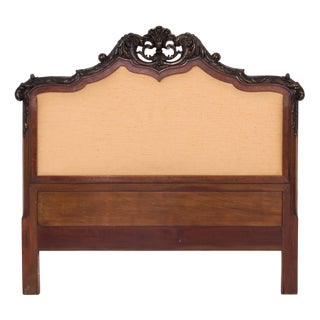 Carved Wooden Headboard with Upholstered Panel, Spain, 1960s For Sale