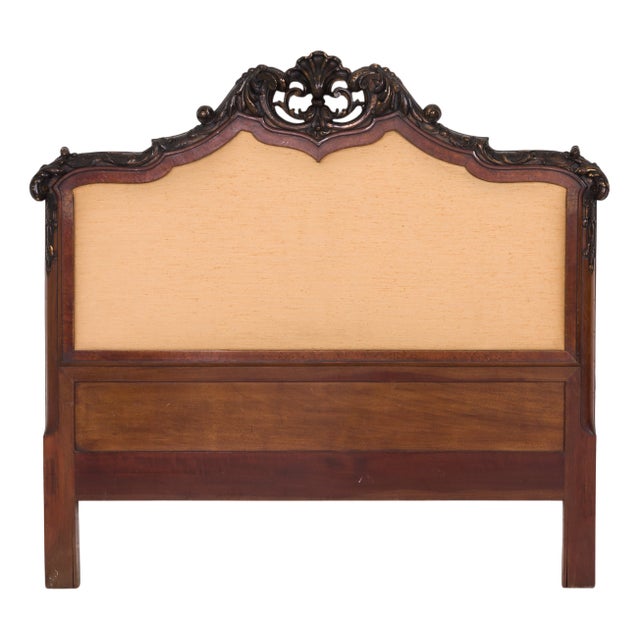 Carved Wooden Headboard with Upholstered Panel, Spain, 1960s For Sale