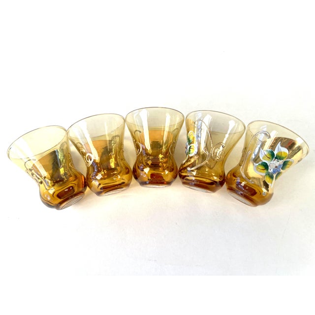 Gold 1950s Bohemian Crystal Gold Hand Painted Decanter and 5 Shot Glasses Set For Sale - Image 8 of 10