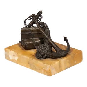 Antique 19th Century French Empire Anchor & Cornucopia Bronze Desk Ornament Paper Weight on Siena Marble Base