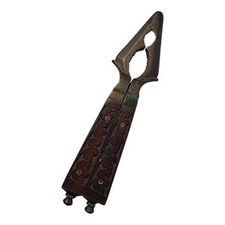 Vintage Brass Wood Carved Nut Cracker For Sale