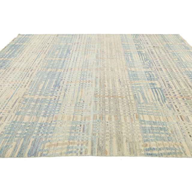 Coastal Modern Abstract Plaid Wool Area Rug – Coastal Blue & Sage Green 9x12 For Sale - Image 3 of 11