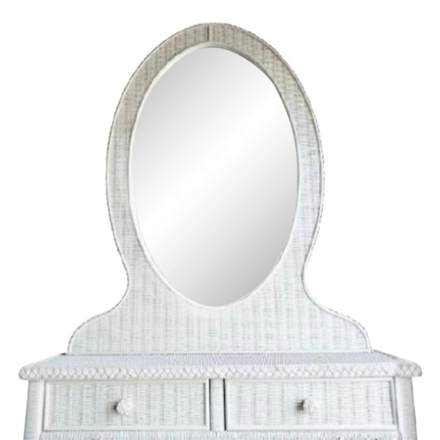 Vintage White Wicker Large Oval Storage Vanity Top Mirror With 2 Drawers For Sale