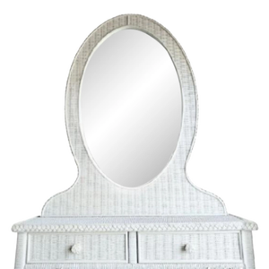 Vintage White Wicker Large Oval Storage Vanity Top Mirror With 2 Drawers