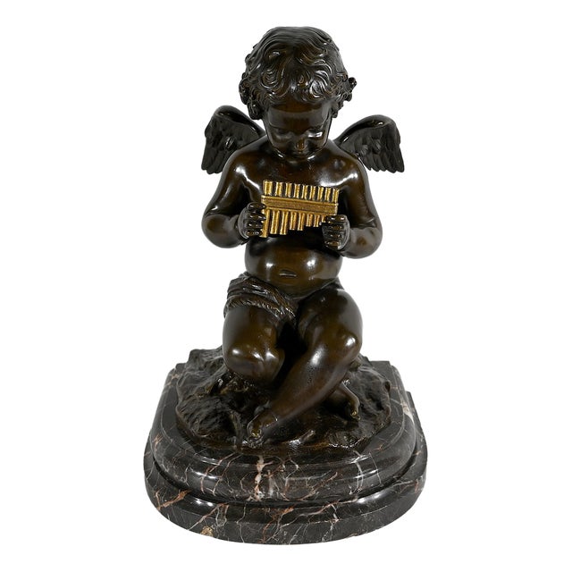 Angel with Flute, Late 19th Century, Bronze & Marble For Sale