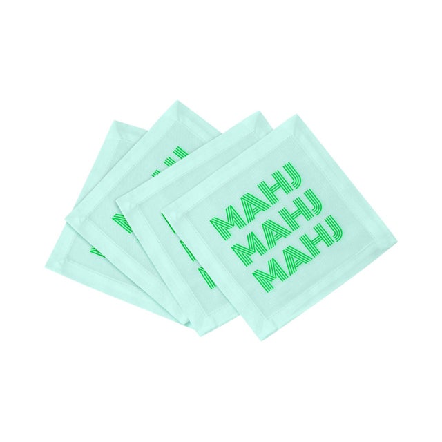 2020s Mahj Mahj Mahj Green Mahjong Cotton Sateen Cocktail Napkins, Set of 4 For Sale - Image 5 of 5
