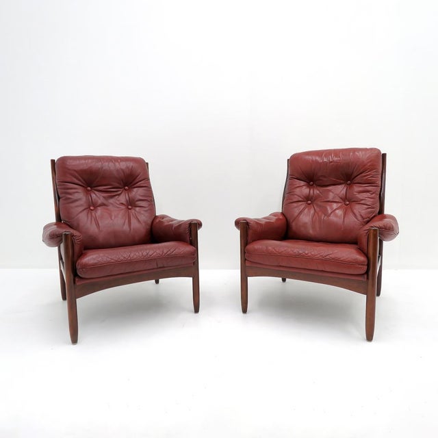 Swedish highback armchairs by Gunnar Kentemol, model “Hoffman” for Göte Möbler, Nässjö, Sweden, 1970. Dark lacquered oak...