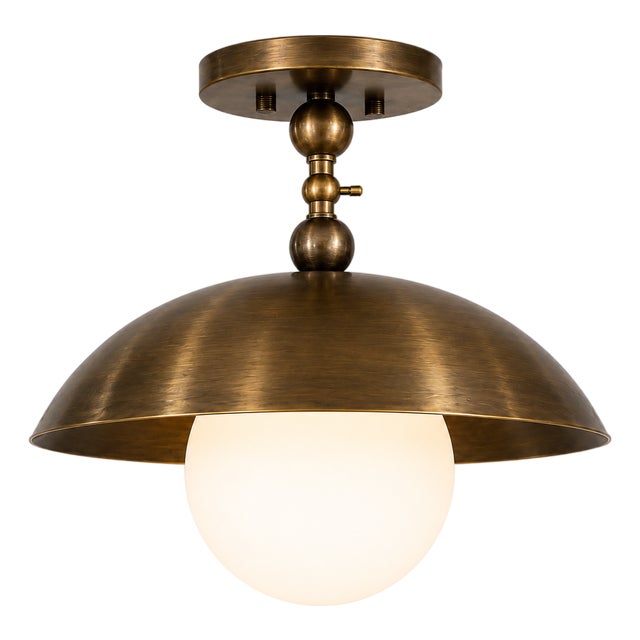 Spun Solid Brass Dome Semi-Flush Mount With Opal Glass Globe For Sale