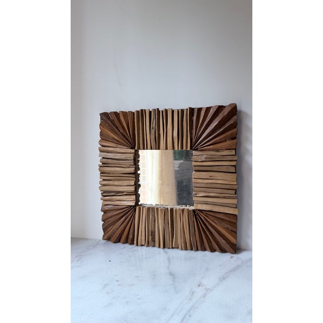 1980s Handcrafted Brown Wooden Driftwood Square Wall Mirror For Sale - Image 5 of 10
