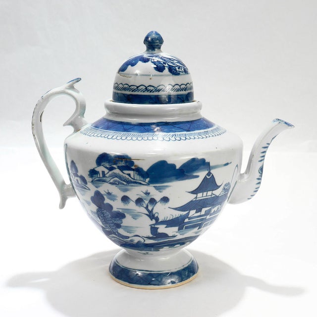 Antique Chinese Export Blue & White Canton Porcelain Tea Pot For Sale - Image 4 of 18