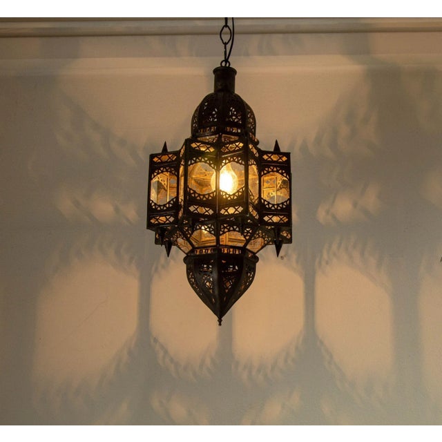 Moroccan Hanging Clear Glass Lantern in a Moorish Star Shape For Sale - Image 9 of 12
