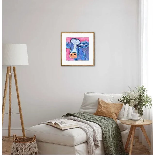 Modern Narratives & Animals — Abstract Cow in Pink Original oil painting by Lisa Haas, 10 x 10 unframed on canvas panel,...