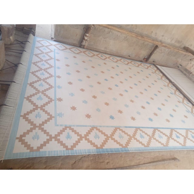 Handmade Cotton Flat Weave Area Rug, Cream, Tan and Sky Blue Star Geometric Dhurrie - 8'x10' For Sale - Image 11 of 11