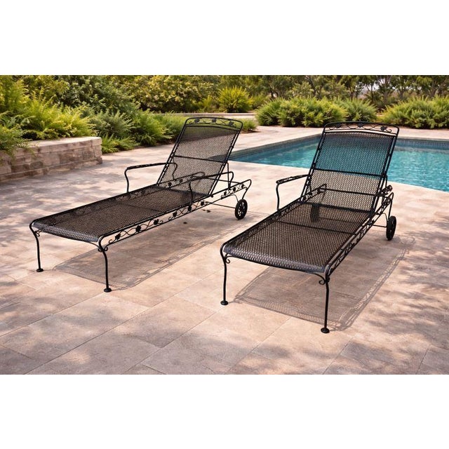 Vintage 1960s Woodard Wrought Iron Chaise Lounges, Pair, Floral Scrollwork, Adjustable, With Wheels, Attributed For Sale - Image 11 of 12