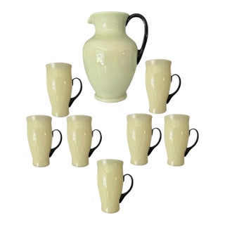 Rare Attributed to Carder Steuben Ivory & Mirror Black Iced Tea Set, c.1930s – Pitcher & 7 Tumblers For Sale