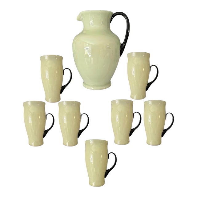 Rare Attributed to Carder Steuben Ivory & Mirror Black Iced Tea Set, c.1930s – Pitcher & 7 Tumblers For Sale