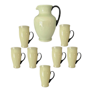 Rare Attributed to Carder Steuben Ivory & Mirror Black Iced Tea Set, c.1930s – Pitcher & 7 Tumblers