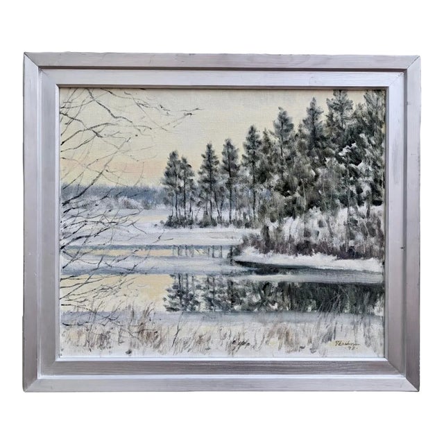 1998 "Crisp" Swedish Snow Forest Landscape Oil Painting, Framed For Sale