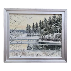 1998 "Crisp" Swedish Snow Forest Landscape Oil Painting, Framed