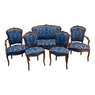 Louis XV Blue Velvet Lounge Set, Set of 5 For Sale