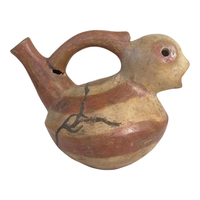 Old Pre-Columbian Style Inca Culture Clay Vessel Bird With Stirrup Spout Jar 6.5" H For Sale