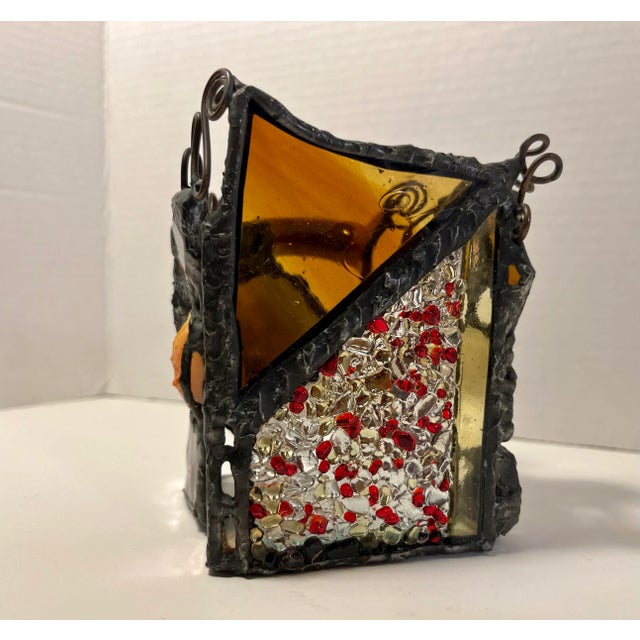 Vintage Stained Glass Natural Shell and Ceramic Mix Candle Holder Lantern For Sale - Image 4 of 11