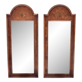 Mid 20th Century Italian Burl Olive Arched Beveled Wall Mirrors For Sale